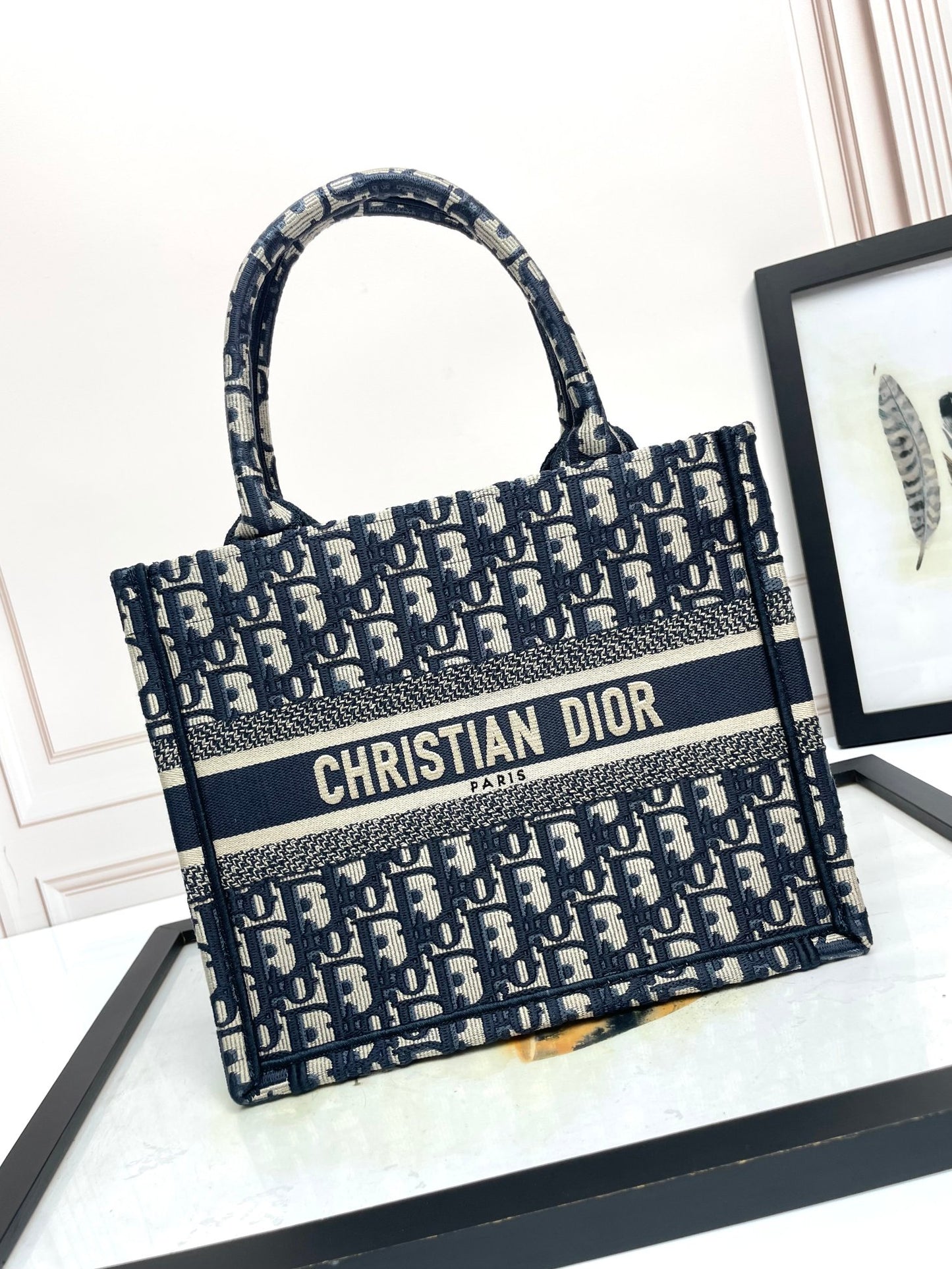 Dior Classic Navy Blue Embroidered Monogram Canvas Tote Handbag