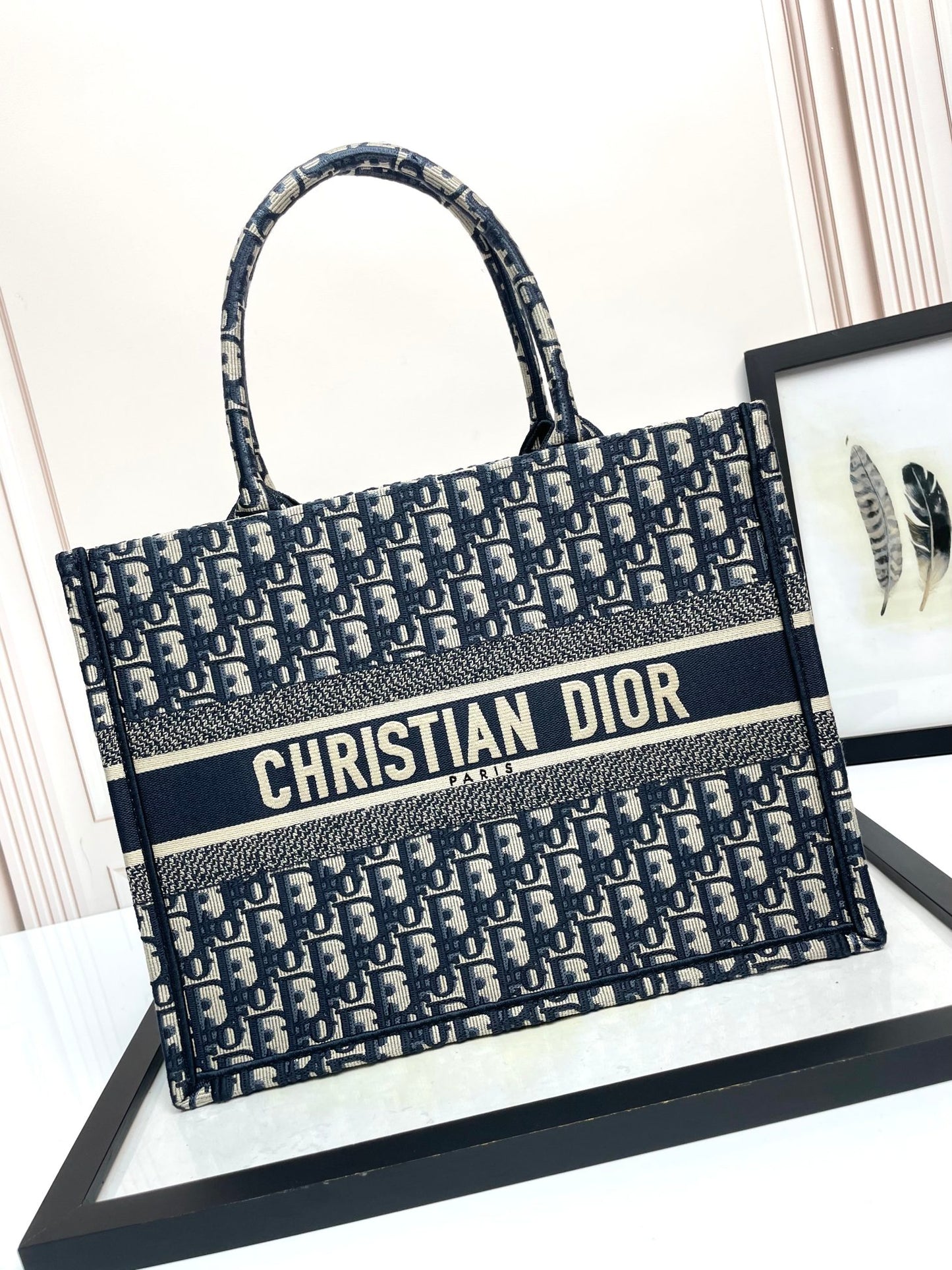 Christian Dior Blue Oblique Embroidery Large Book Tote Bag