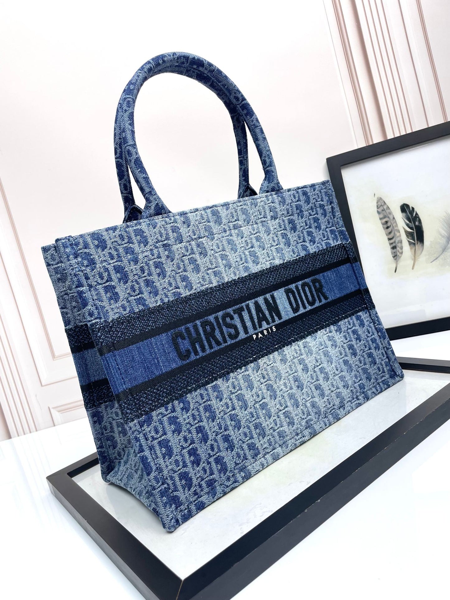 Dior Blue Monogram Embroidered Canvas Tote Bag Luxury Style Handbag