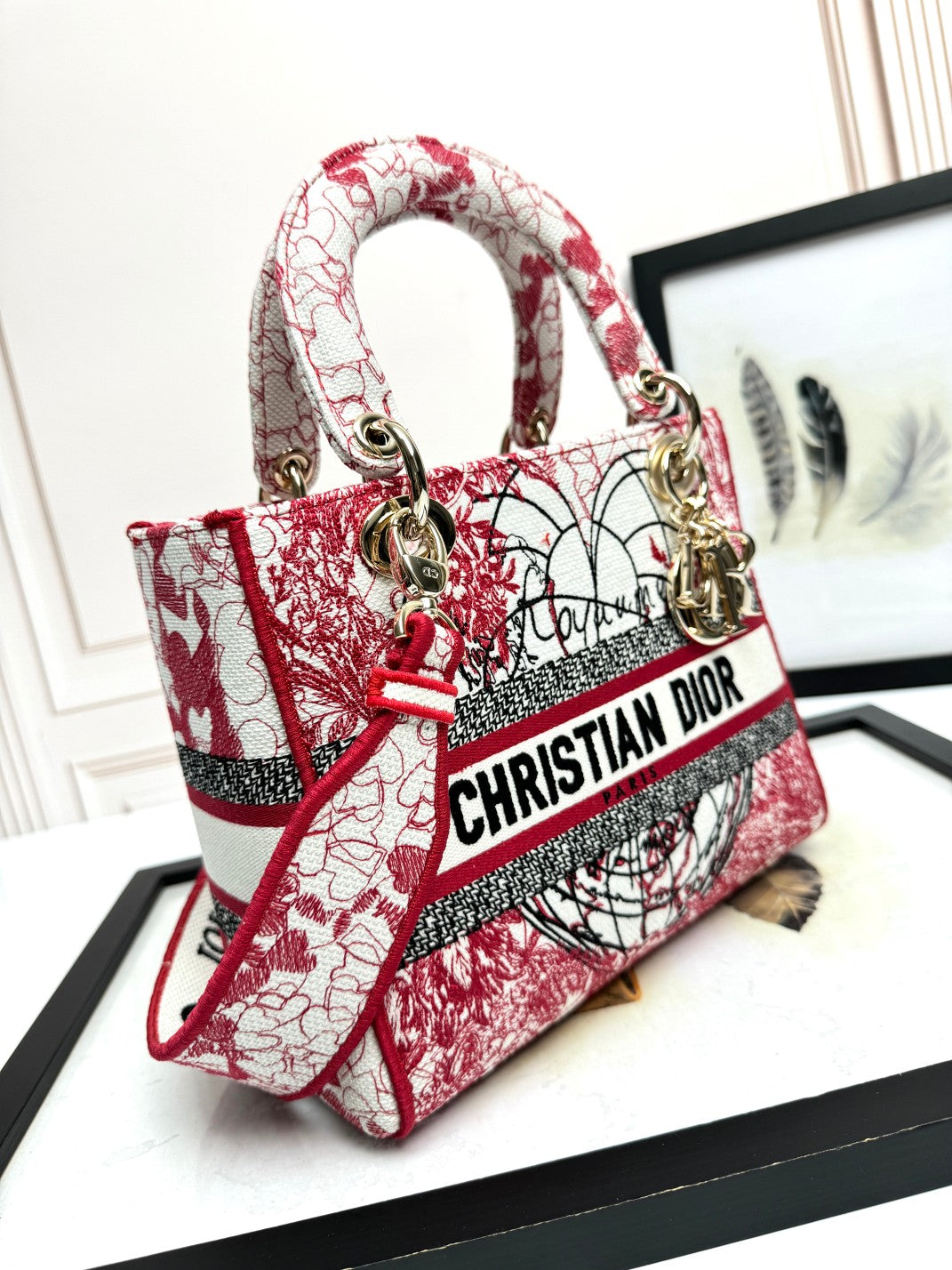 Dior Red and White Embroidered Floral Canvas Top Handle Handbag