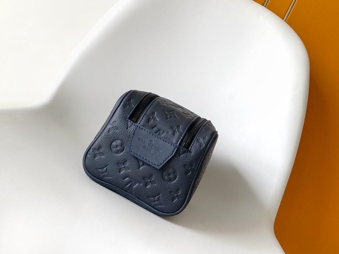 Louis Vuitton Luxury Navy Blue Embossed Monogram Leather Travel Pouch