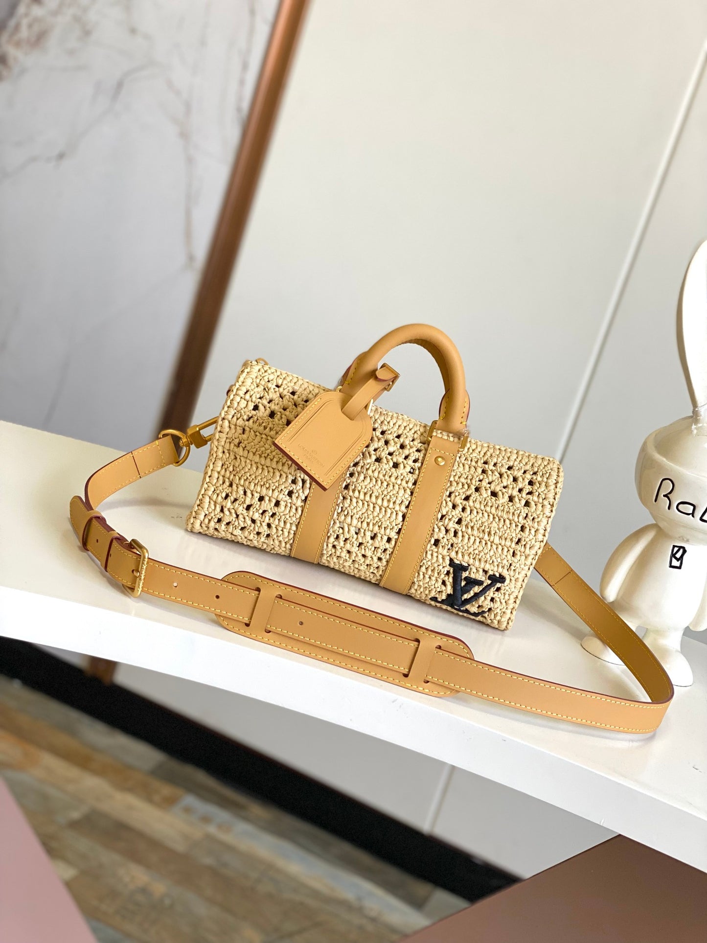 Louis Vuitton Woven Raffia Crochet Handbag with Leather Handles and Crossbody Strap