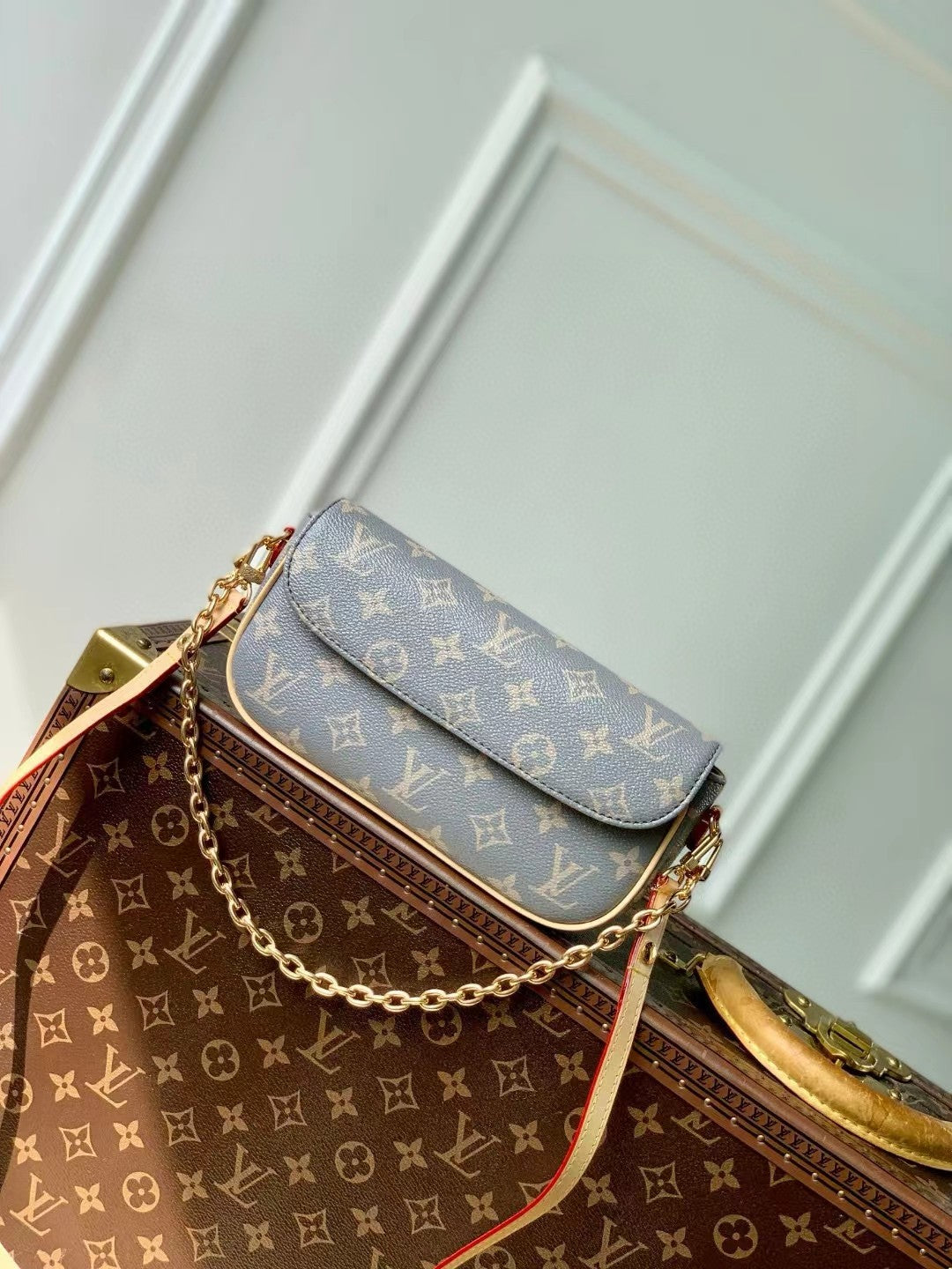 Louis Vuitton Blue Monogram Pattern Crossbody Flap Bag with Gold Chain