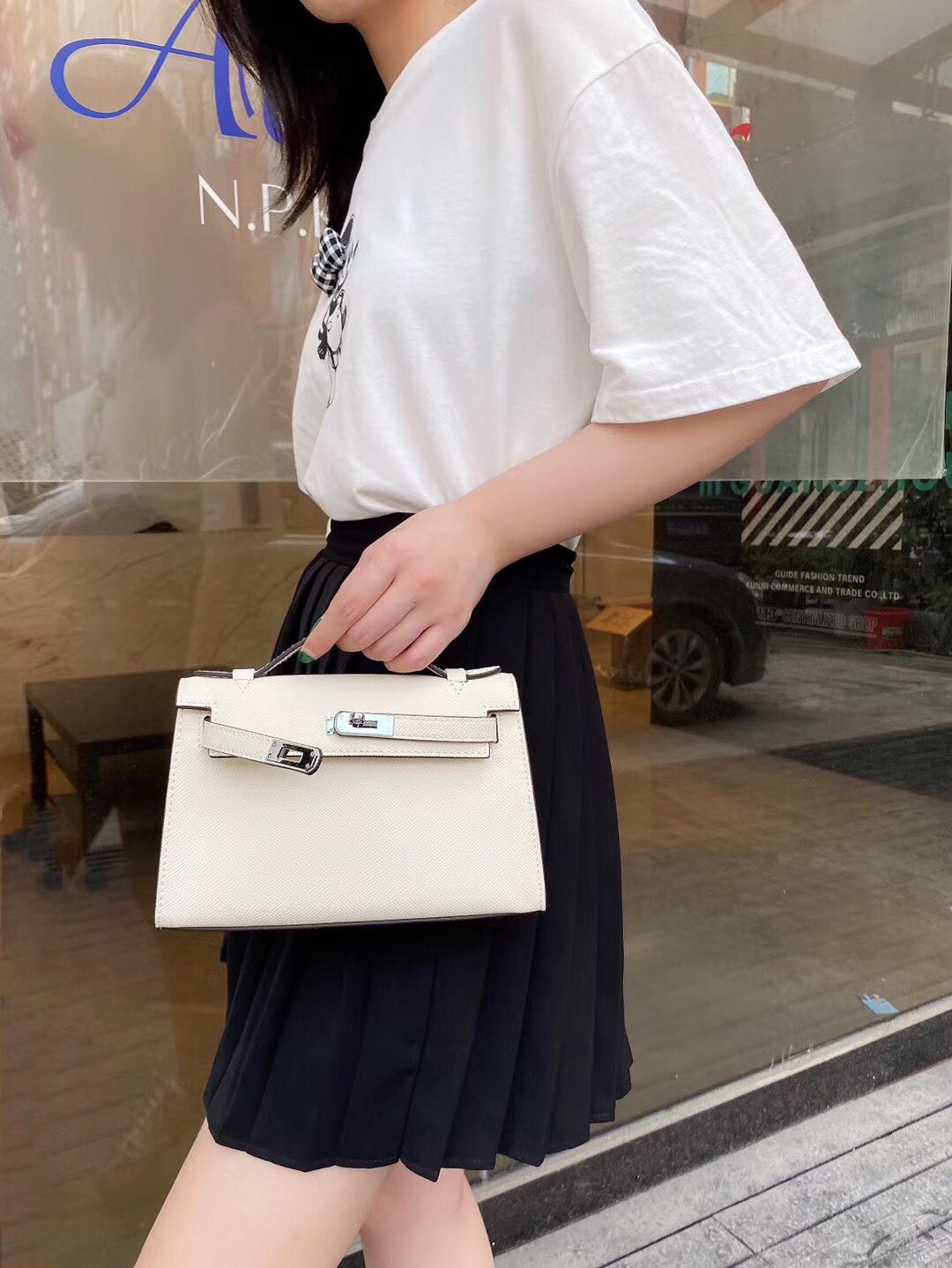 Mini Kelly Style White Leather Crossbody Handbag for Women