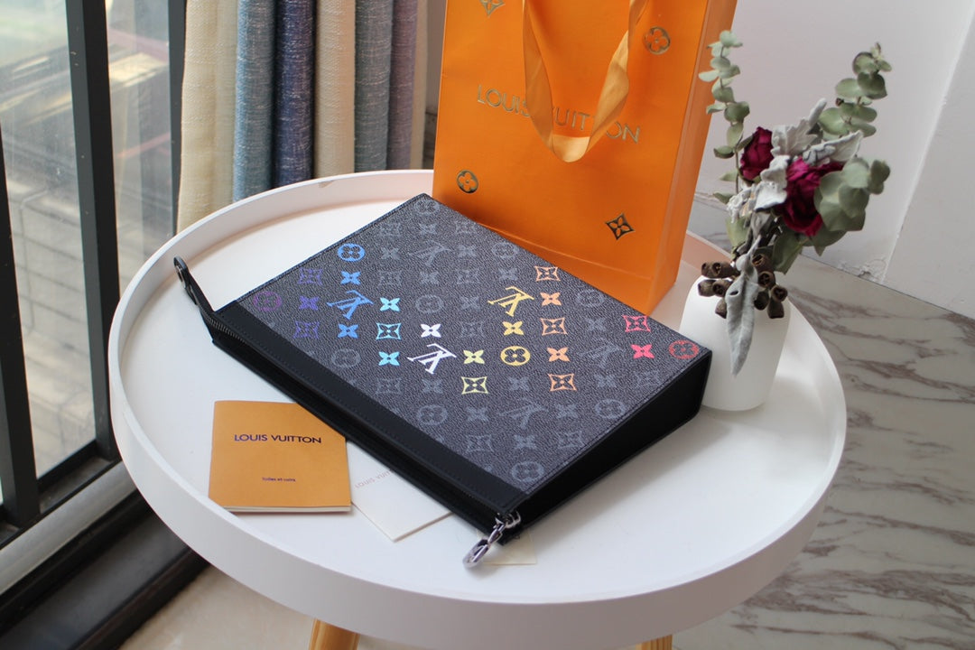 Louis Vuitton Black Rainbow Monogram Zippered Clutch Pouch Document Holder