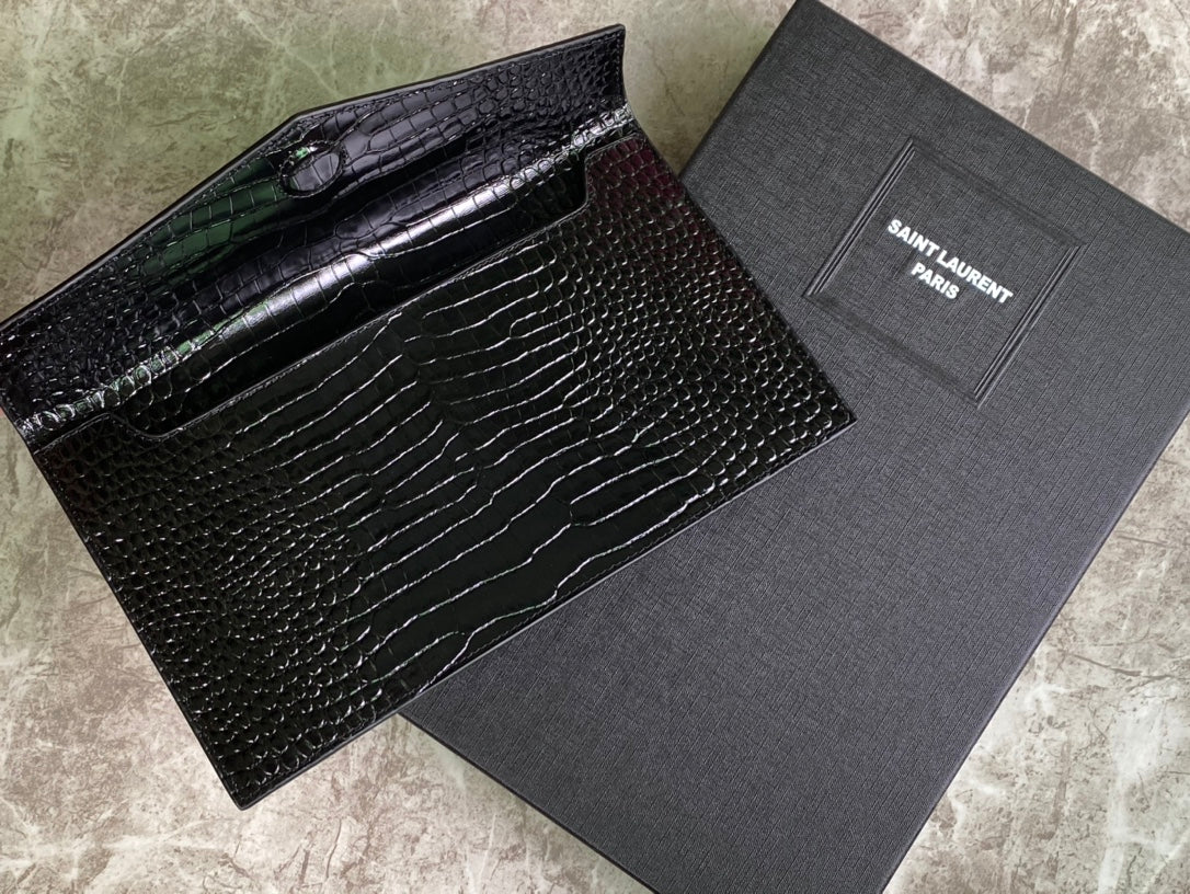 Saint Laurent Monogram Envelope Wallet in Crocodile-Embossed Leather - Black