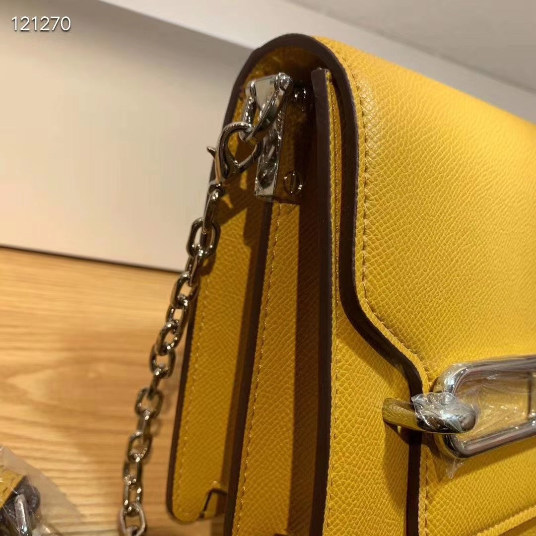 Mustard Yellow Leather Crossbody Bag with Silver Chain and Bar Clasp