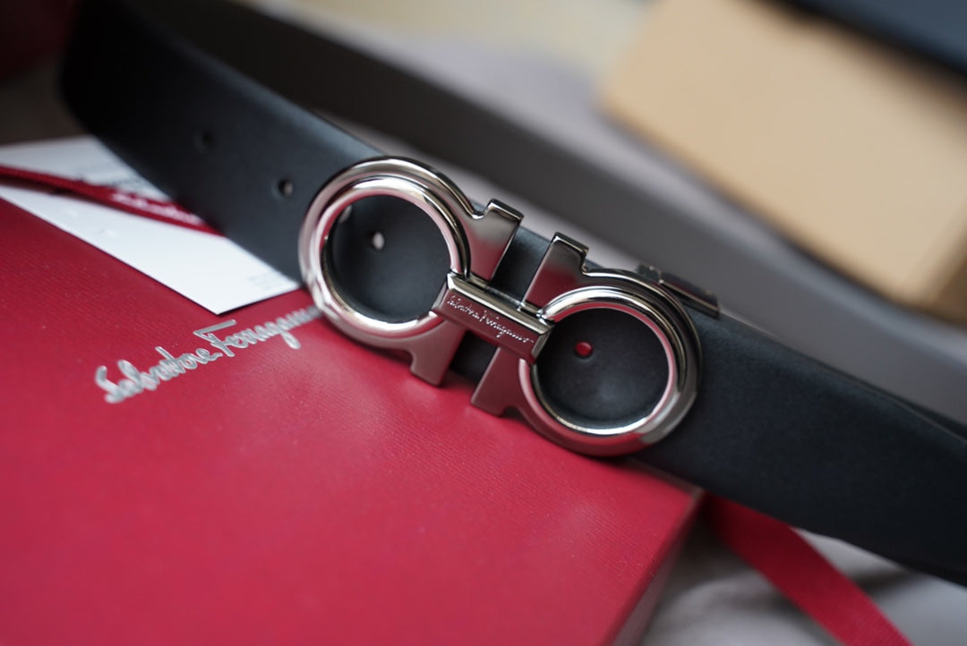 Salvatore Ferragamo Men's Double Gancini Buckle Leather Belt - Black with Silver Hardware