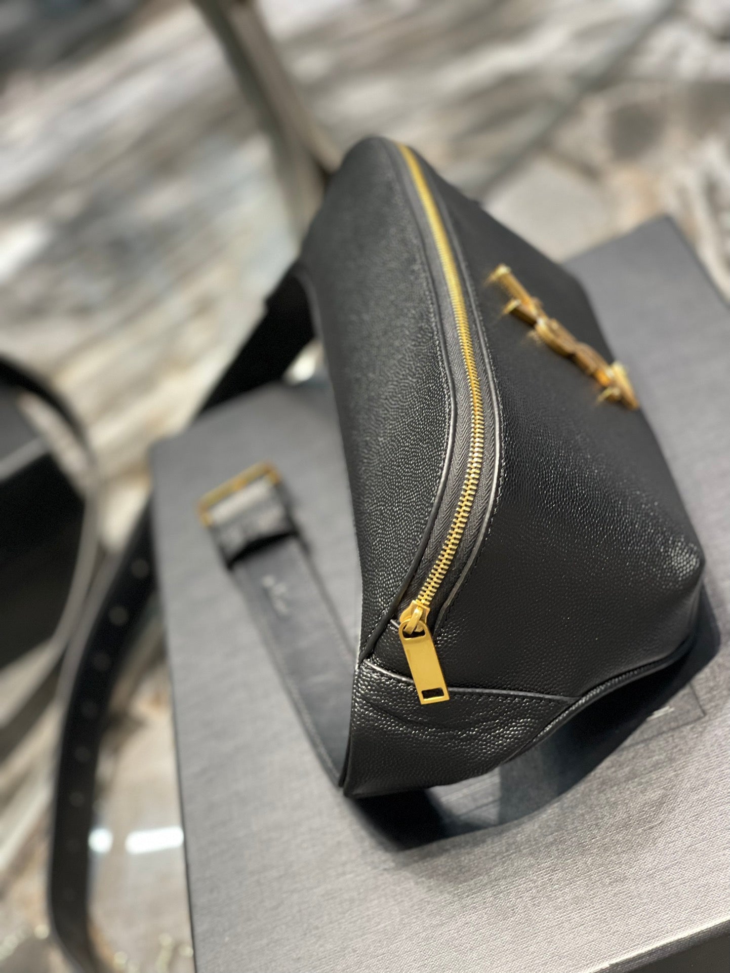 Saint Laurent Cassandre Belt Bag in Black Grained Leather