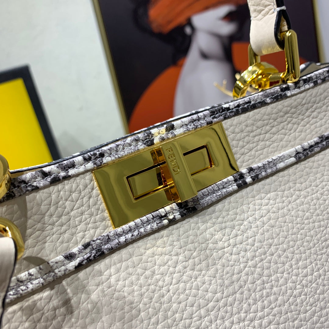 Fendi Peekaboo Medium Beige Leather Top Handle Bag with Patterned Trim