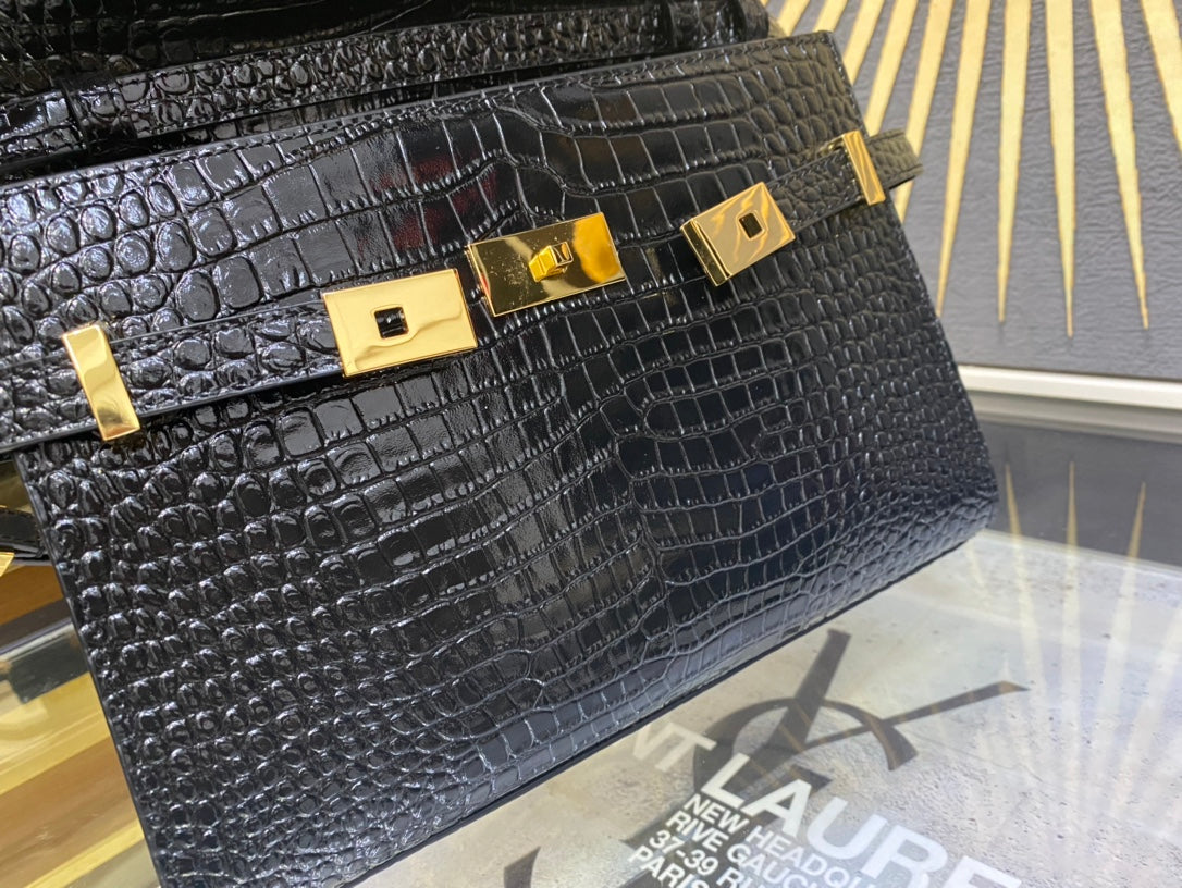 Saint Laurent Manhattan Small Shoulder Bag in Crocodile-Embossed Leather - Black