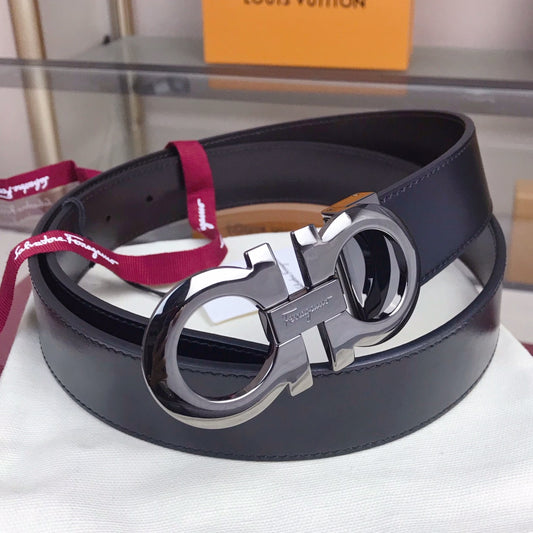 Salvatore Ferragamo Men's Reversible Leather Belt with Gunmetal Gancini Buckle - Black