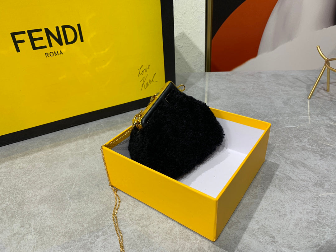 Fendi First Nano Black Shearling Mini Bag with Gold Chain