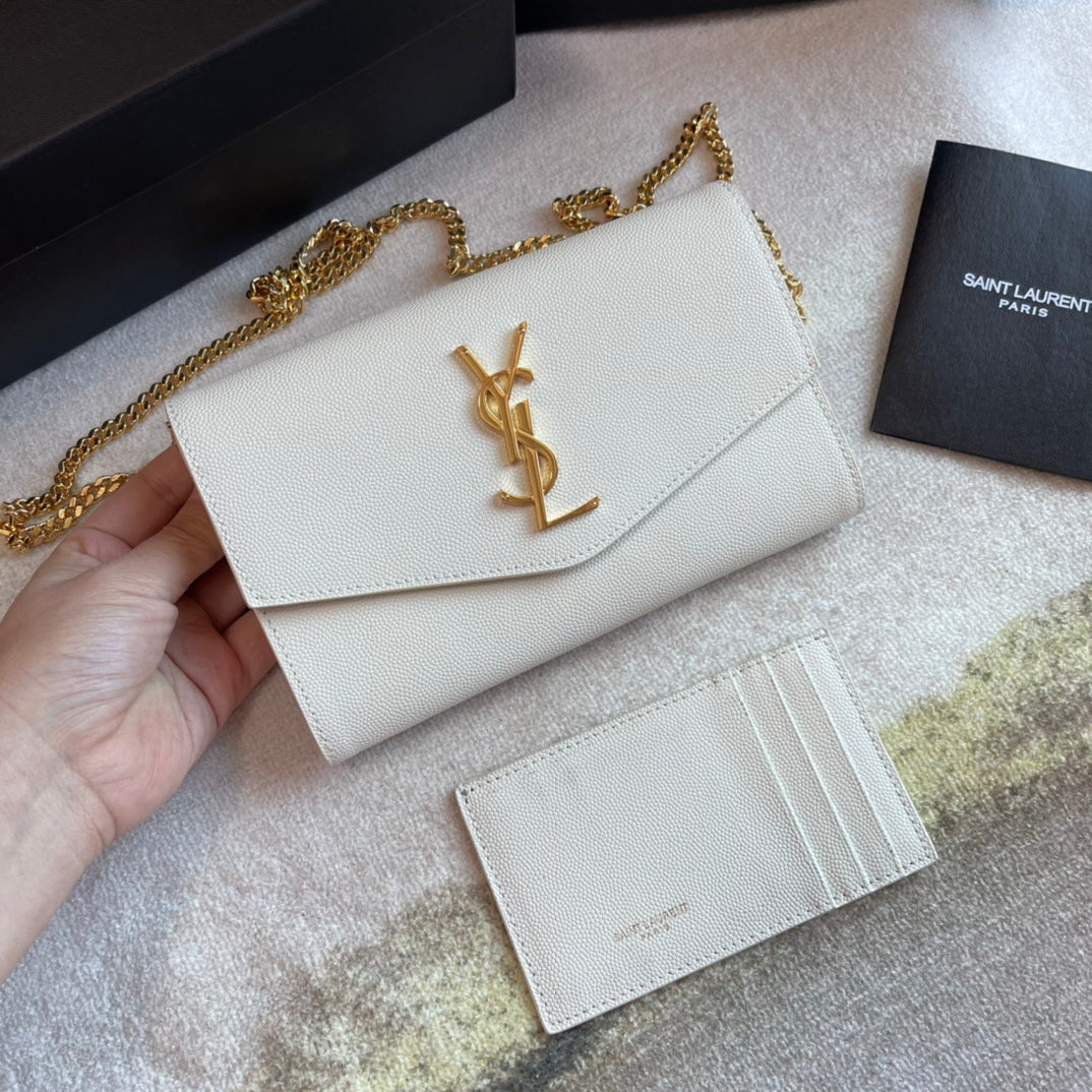 Saint Laurent Cassandre Wallet on Chain in White Leather with Gold Hardware