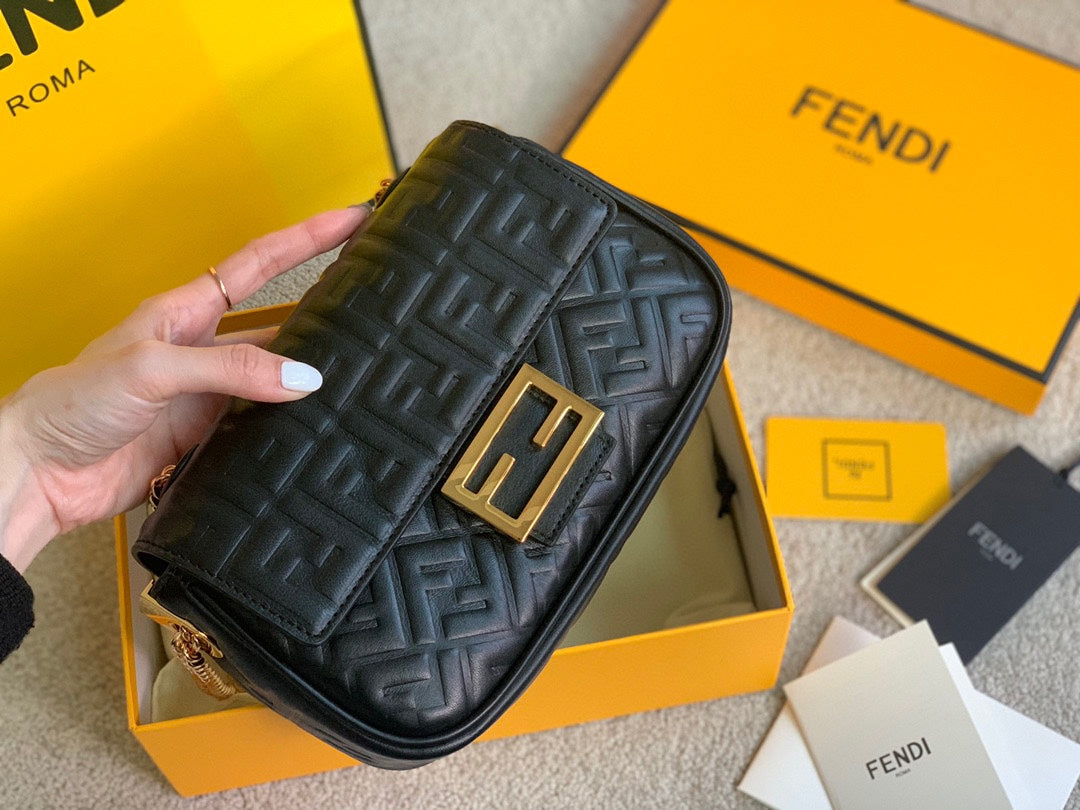 Fendi Black Quilted Nappa Leather Baguette Bag with Gold-Tone FF Logo
