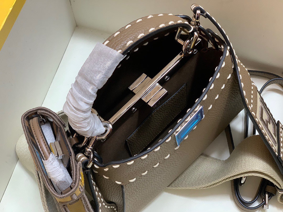 Fendi Peekaboo ISeeU Medium Leather Bag with FF Motif Strap and Mini Bag Charm - Brown
