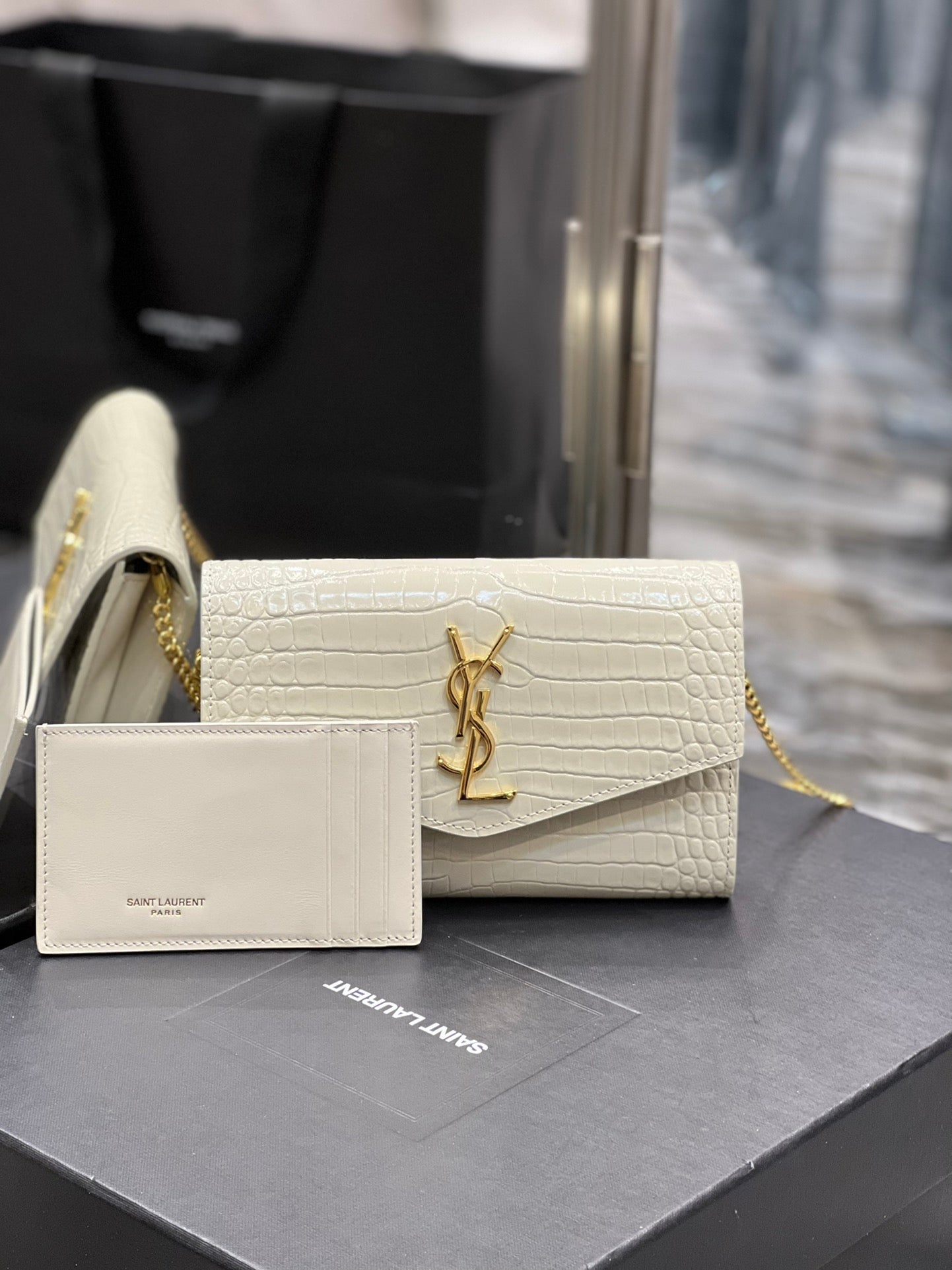 Saint Laurent Uptown Chain Wallet in Croc-Embossed Leather - White