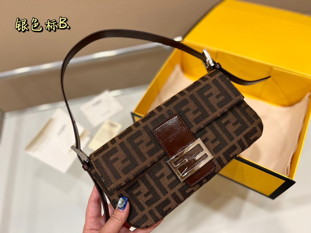 Fendi Zucca Monogram Canvas Baguette Shoulder Bag - Brown FF Logo 26x13cm