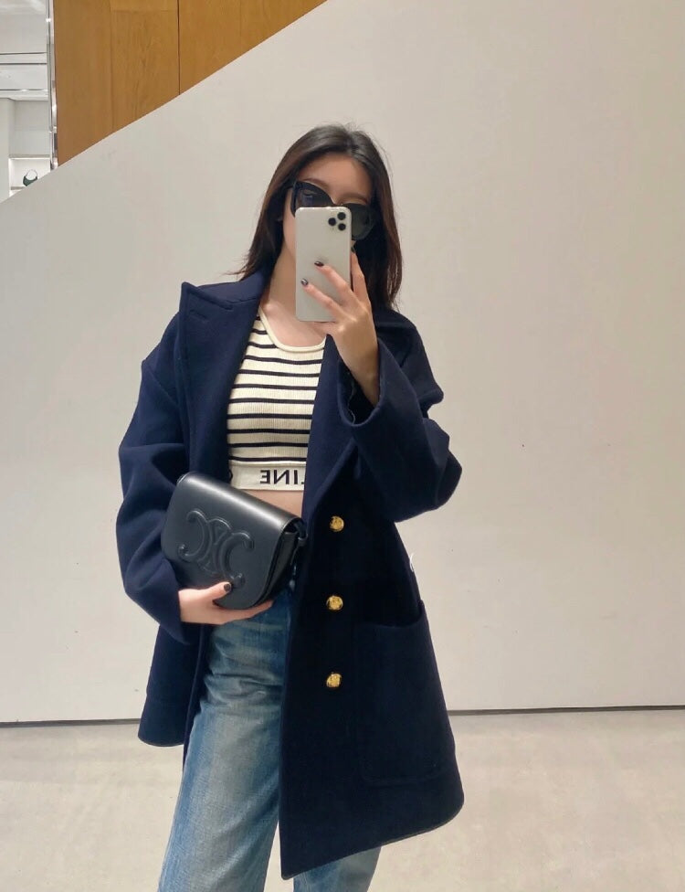 Women's Navy Blue Double-Breasted Wool Pea Coat with Gold Buttons
