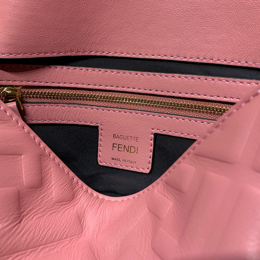 Fendi Baguette Bag FF Embossed Pink Nappa Leather with Gold-Tone Hardware