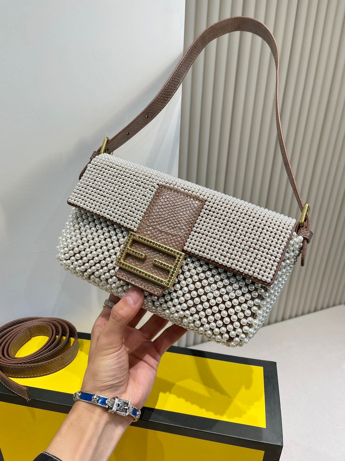 Luxury Patterned Beaded Baguette Shoulder Bag - Brown and Neutral Tones with Gold-Tone Buckle