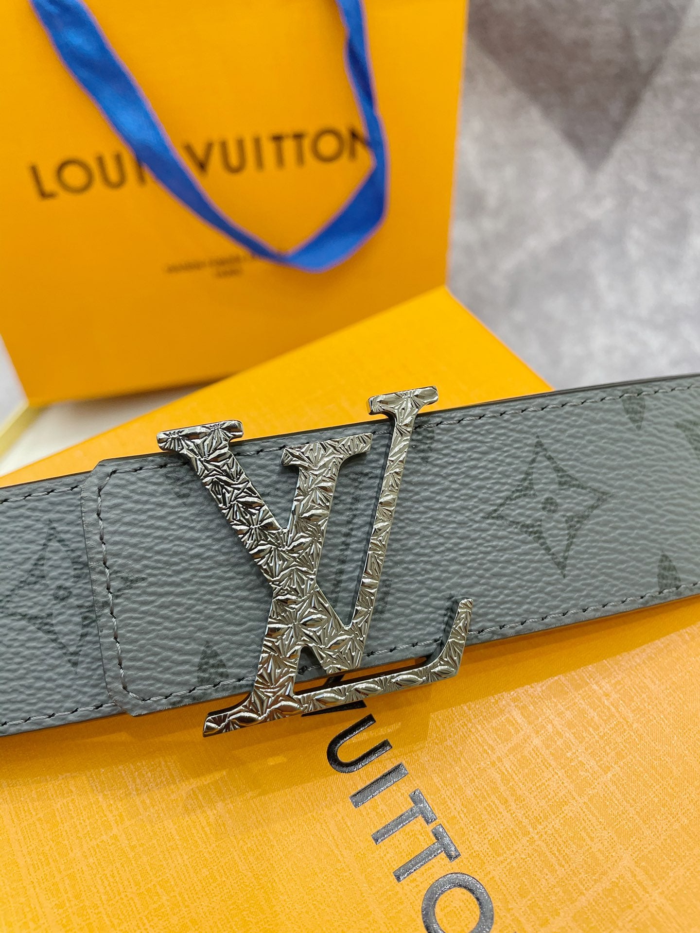 Louis Vuitton LV Initiales 40mm Belt Monogram Eclipse Grey with Silver Crystal Buckle, Includes Box and Bag
