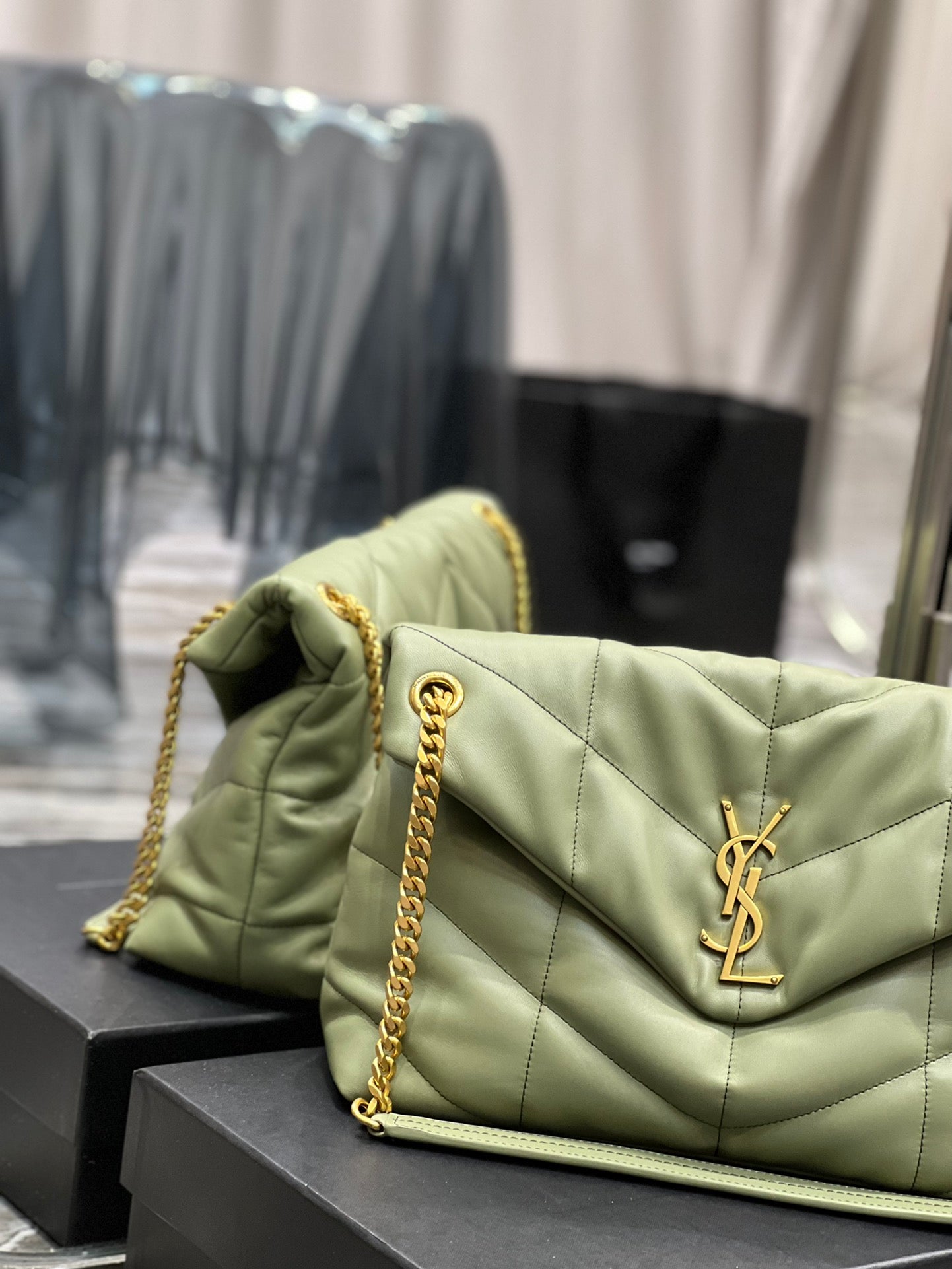 Saint Laurent Loulou Small Quilted Leather Shoulder Bag in Sage Green with Gold Hardware