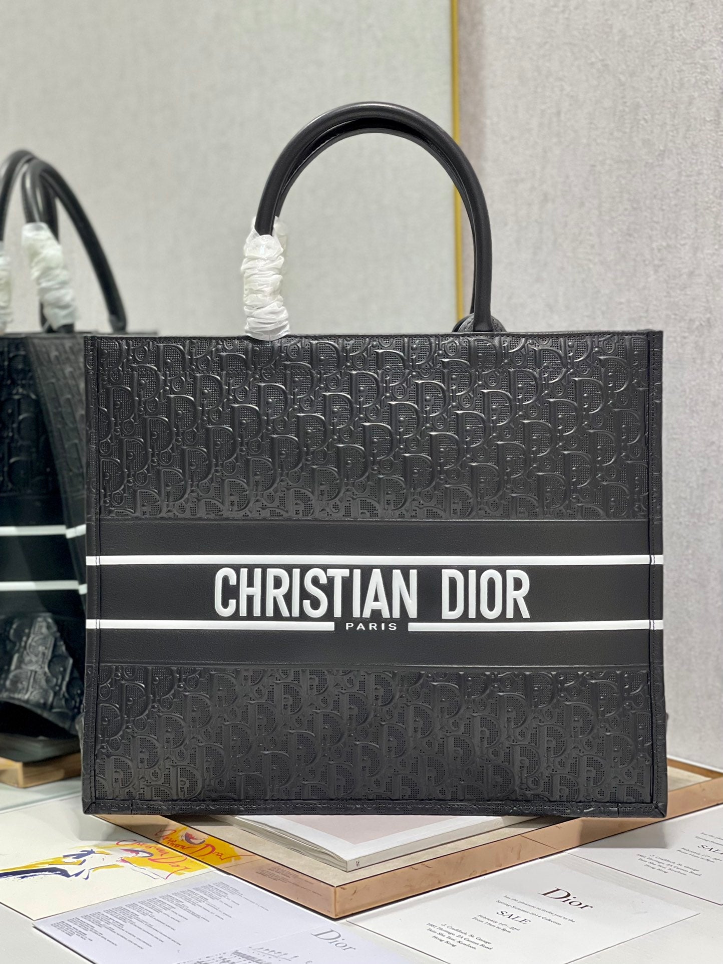 Dior Black Embossed Monogram Square Tote Bag with Top Handles