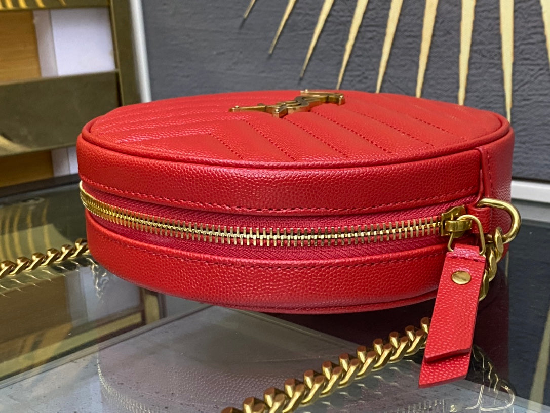 Saint Laurent Vinyle Round Camera Bag in Matelassé Chevron Leather - Red
