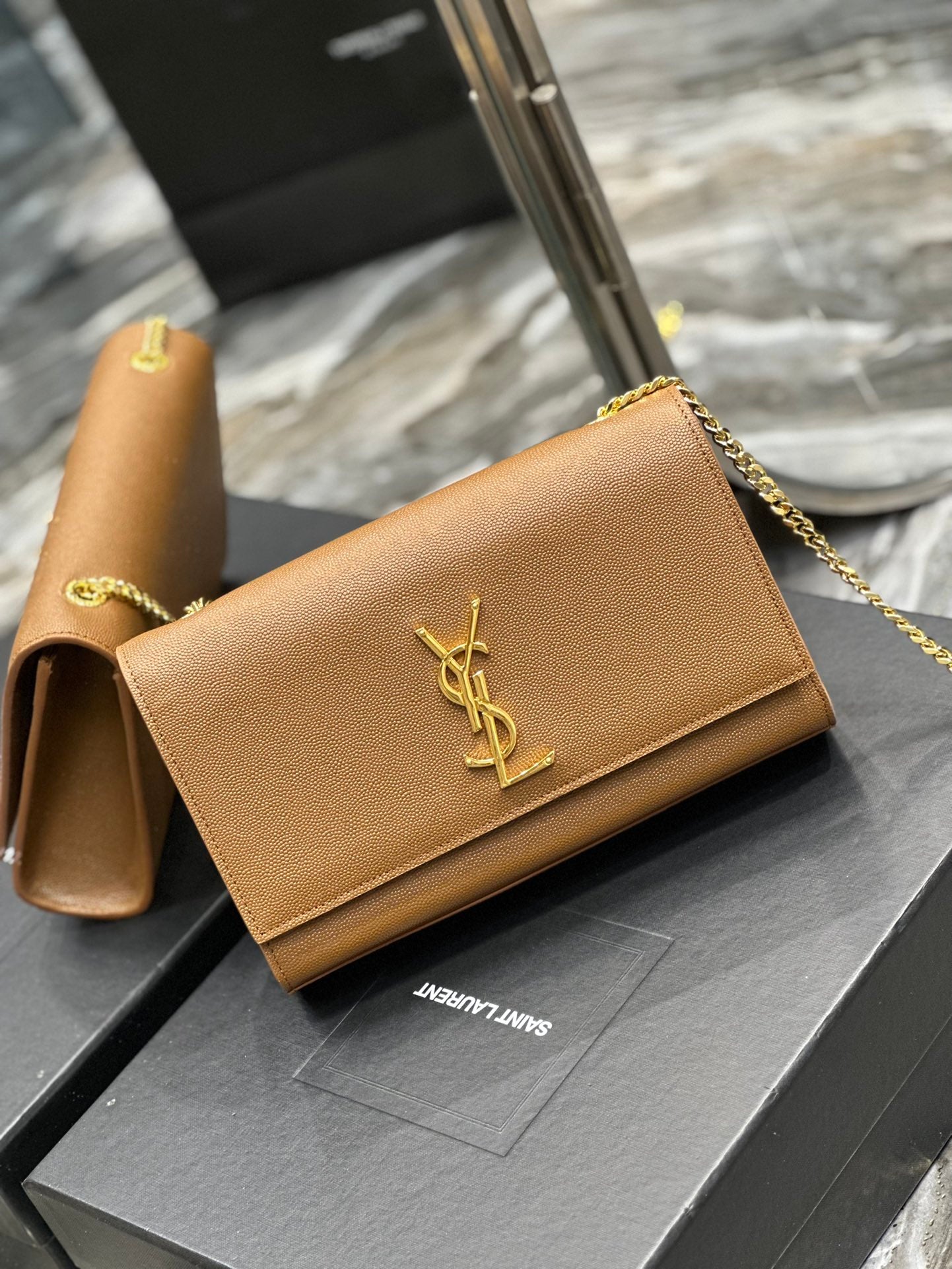 Saint Laurent Monogram Kate Chain Wallet in Tan Grain de Poudre Leather
