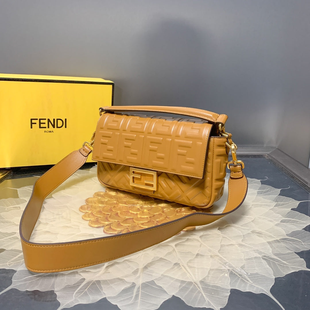 Fendi Baguette Medium Embossed Leather Shoulder Bag - Tan