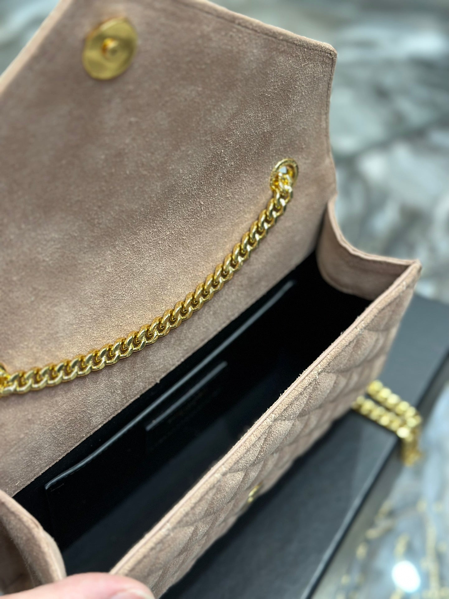 Saint Laurent Envelope Medium Chain Bag in Quilted Suede - Beige