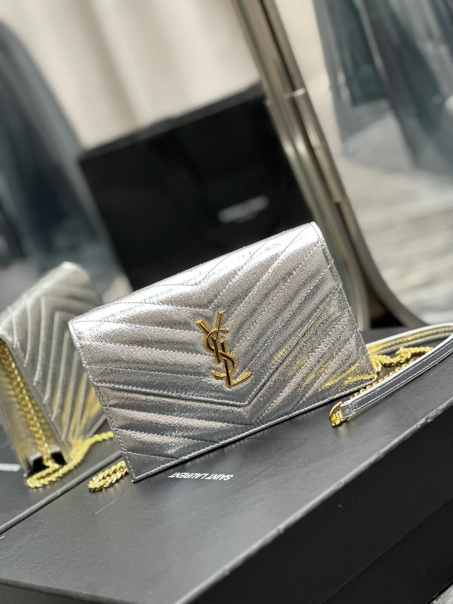 Saint Laurent Monogram Silver Quilted Leather Wallet on Chain with Gold Hardware