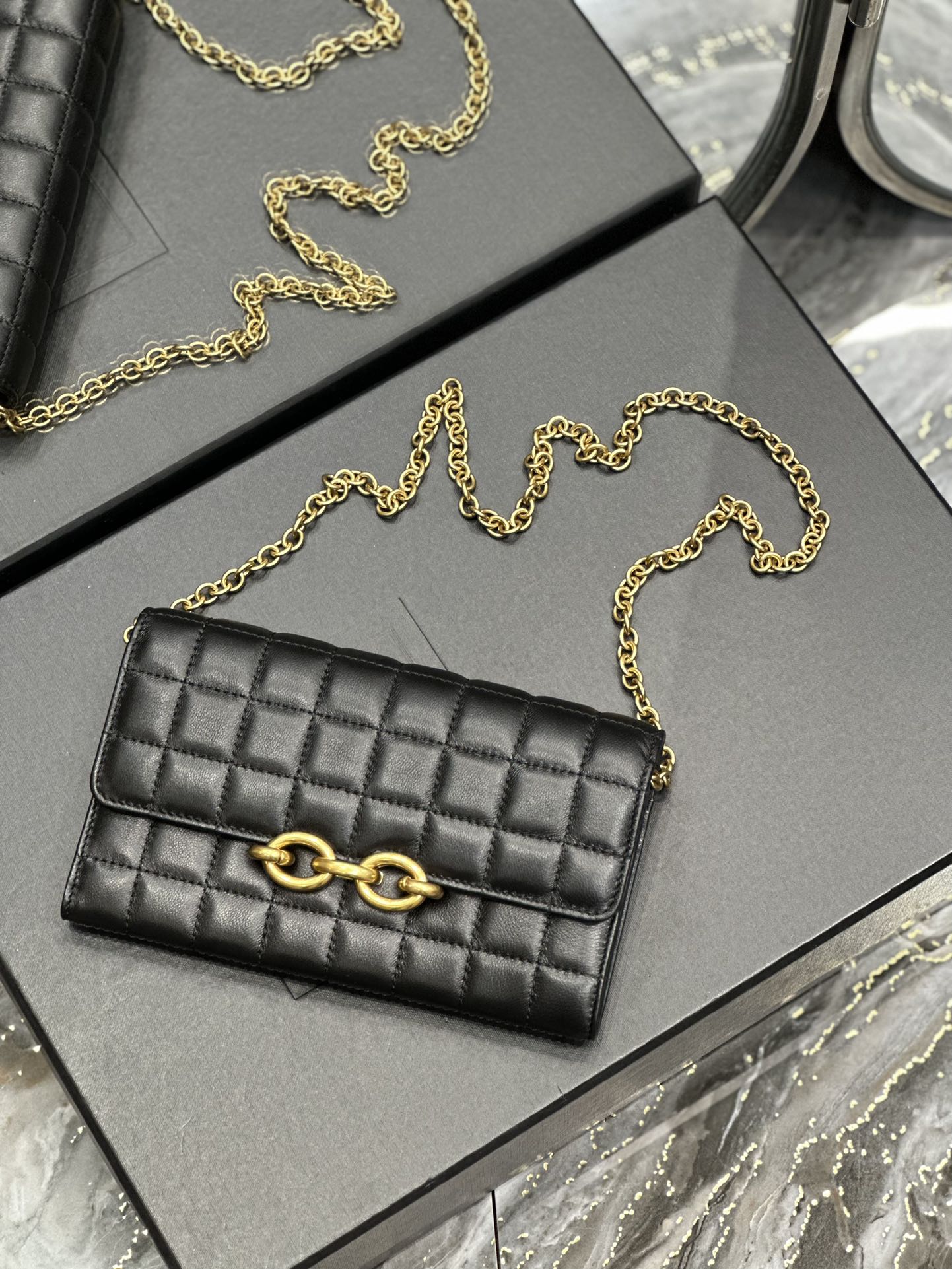 Quilted Leather Shoulder Bag with Gold Chain Strap - Black