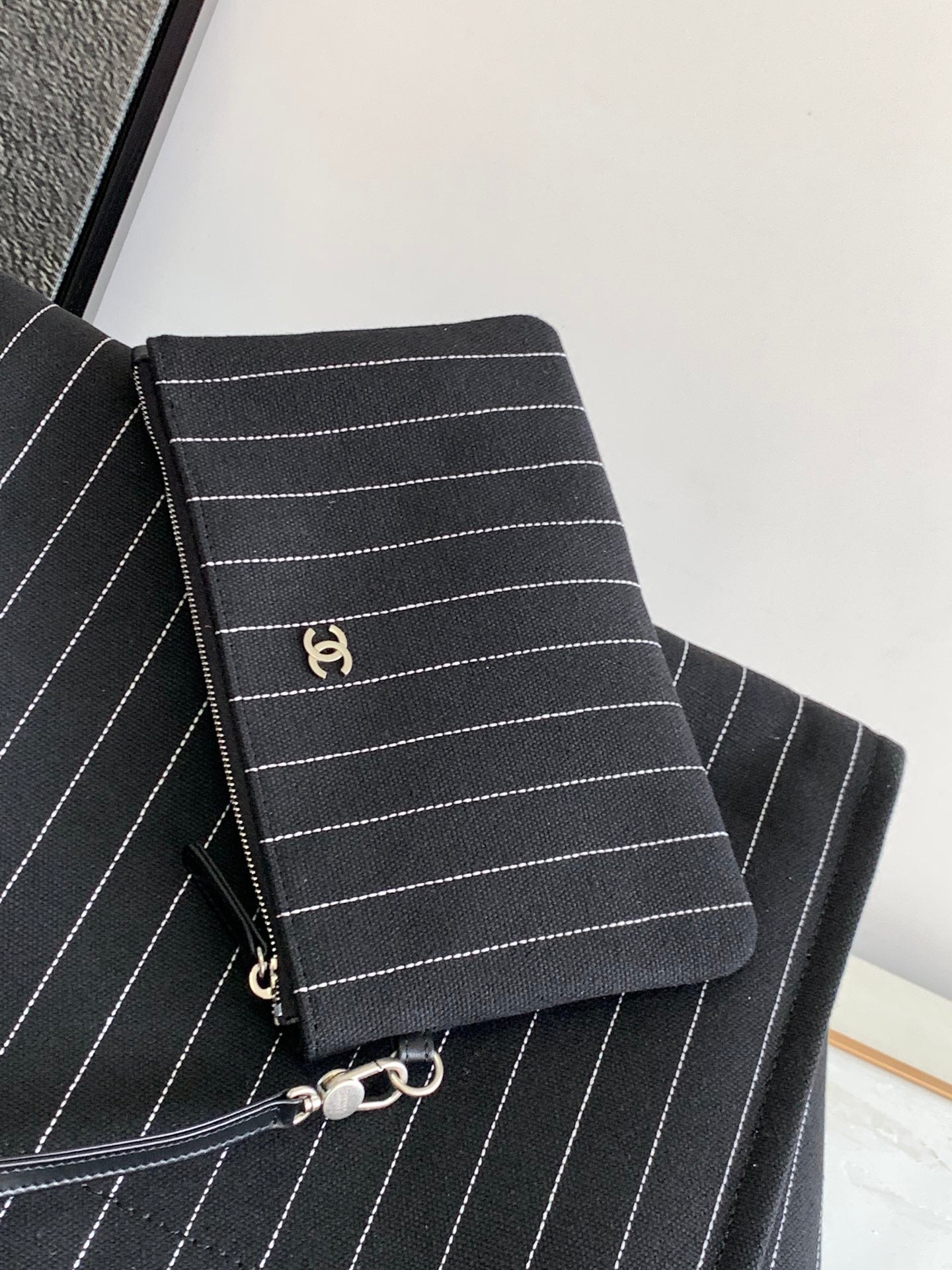 Chanel Striped Canvas Deauville Tote Bag with Pouch - Black/White