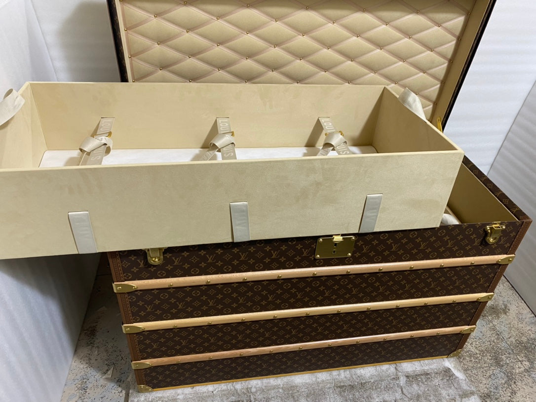 Vintage Monogram Pattern Steamer Trunk with Brass Hardware