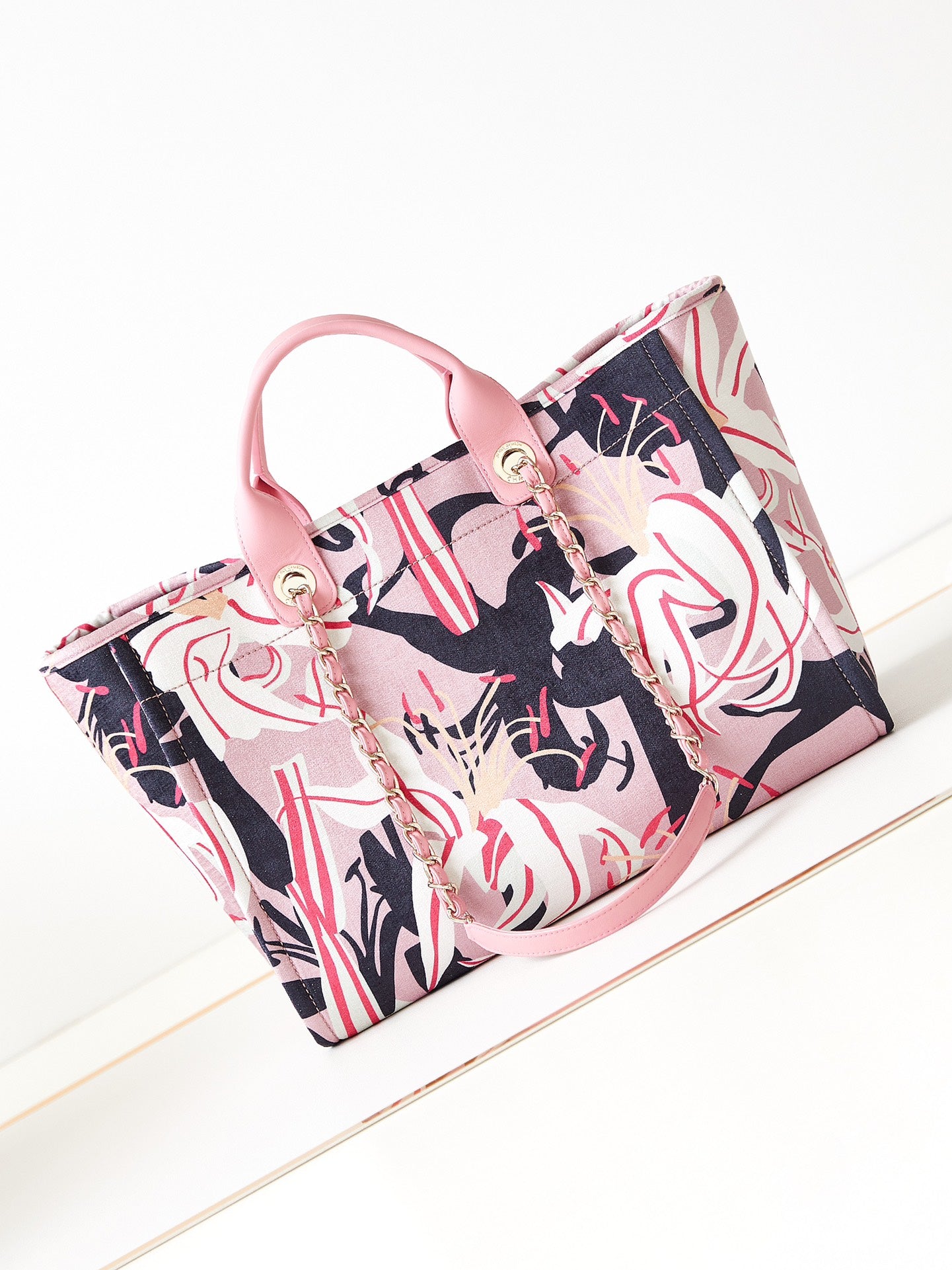 Pink Floral Graphic Pattern Tote Bag with CC Logo Charm and Twin Handles