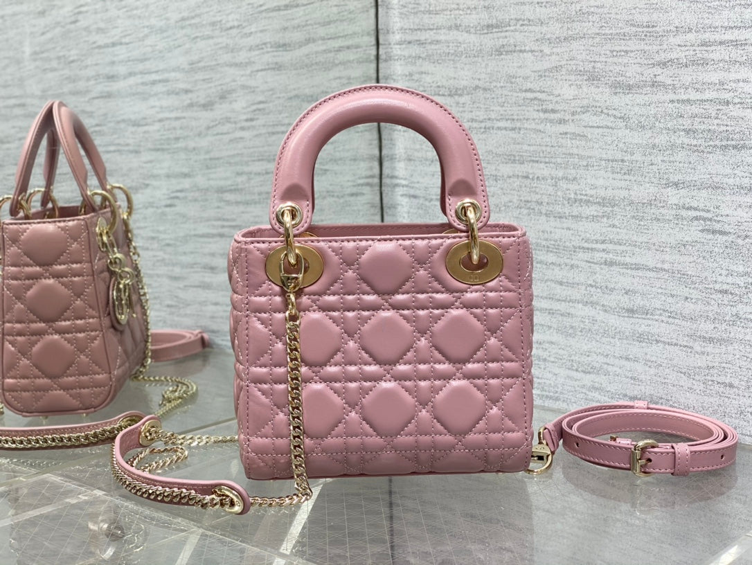 Dior Elegant Pink Quilted Mini Handbag with Gold Chain Crossbody Strap