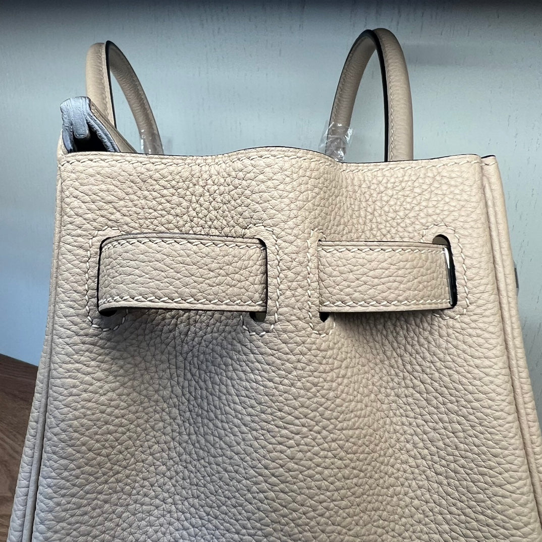 Luxury Pebbled Leather Top Handle Handbag - Elegant Taupe Birkin Style Tote