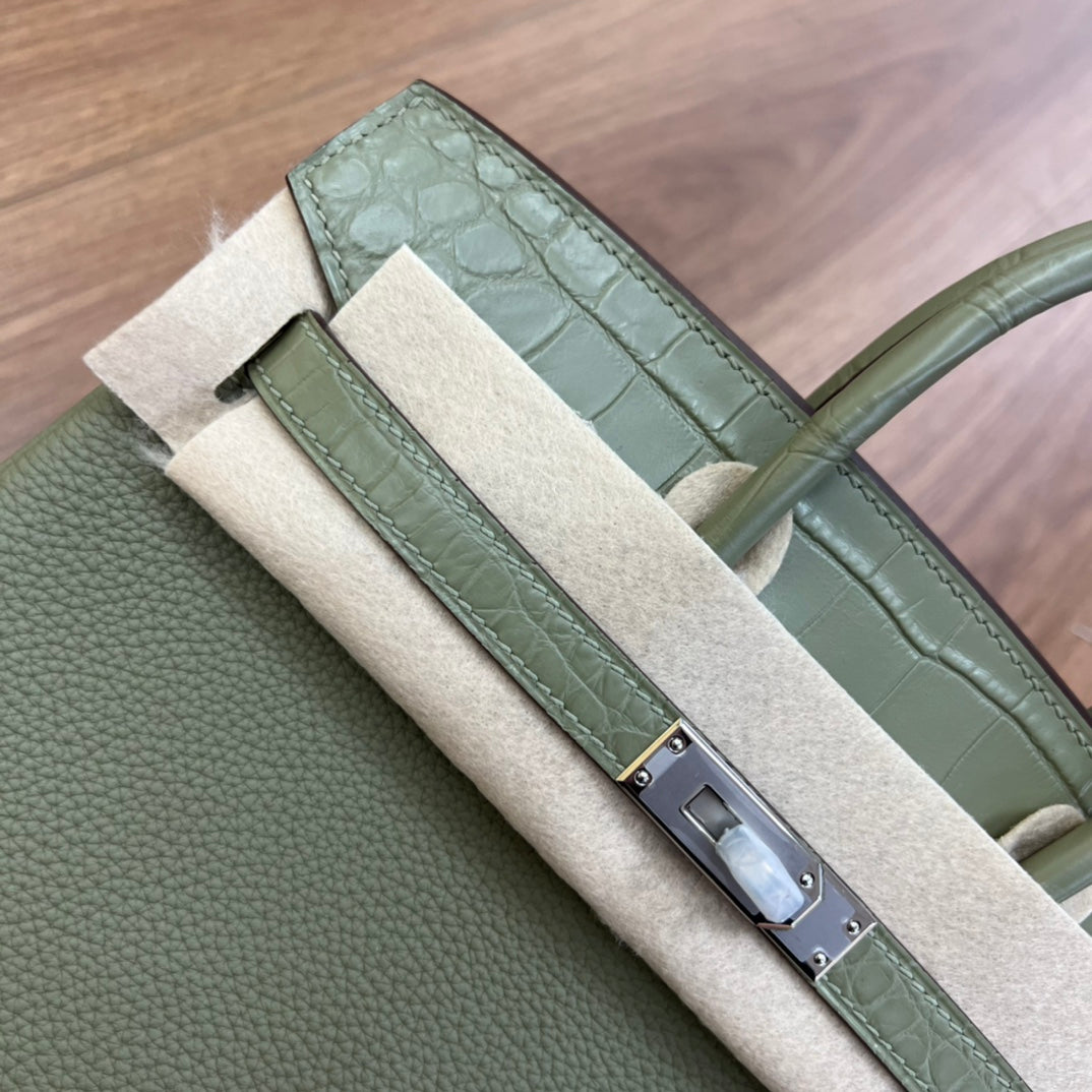 Sage Green Two-Tone Croc-Embossed Leather Birkin Style Top Handle Handbag