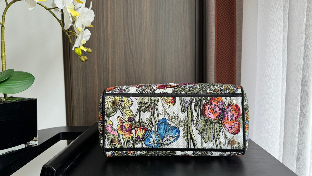 Dior Elegant Floral and Butterfly Embroidered Canvas Handbag with Strap