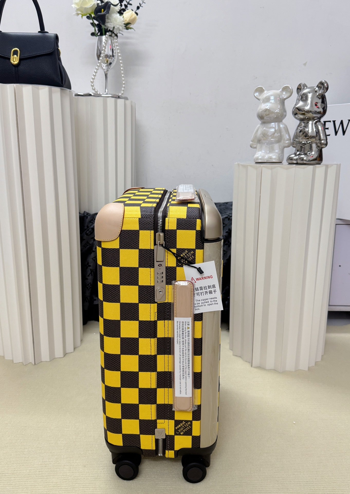 Vintage Yellow and Black Checkerboard Hardside Spinner Suitcase
