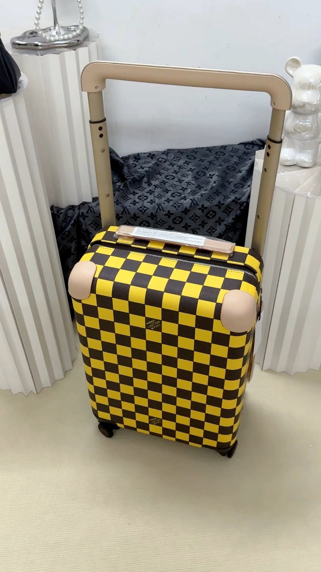 Yellow and Black Checkerboard Spinner Suitcase Travel Luggage