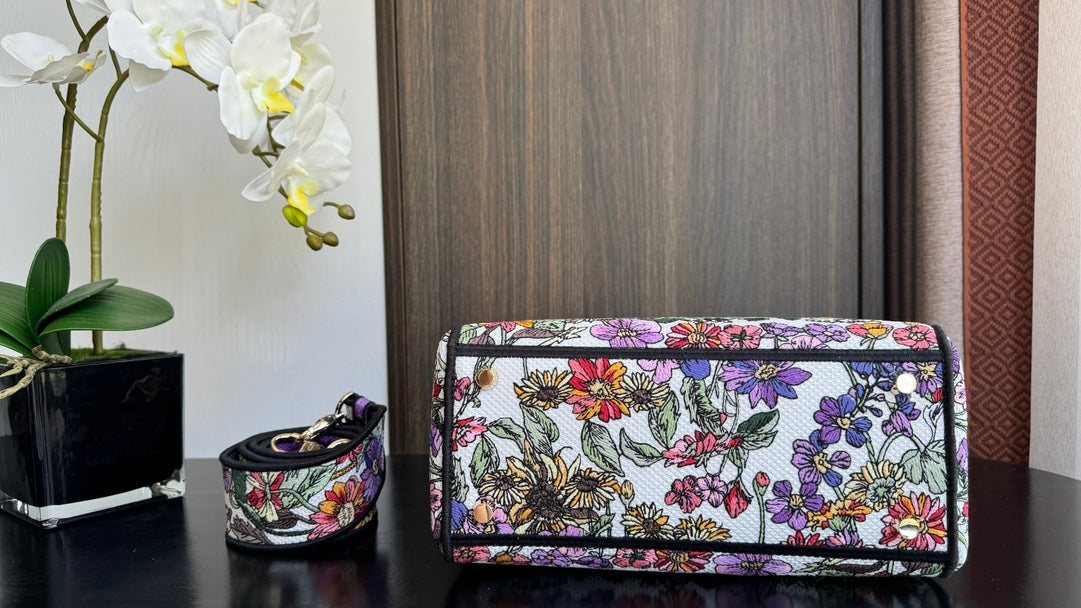 Christian Dior Lady D-Lite Bag with Floral Embroidery and Wide Shoulder Strap - Purple/Multicolor
