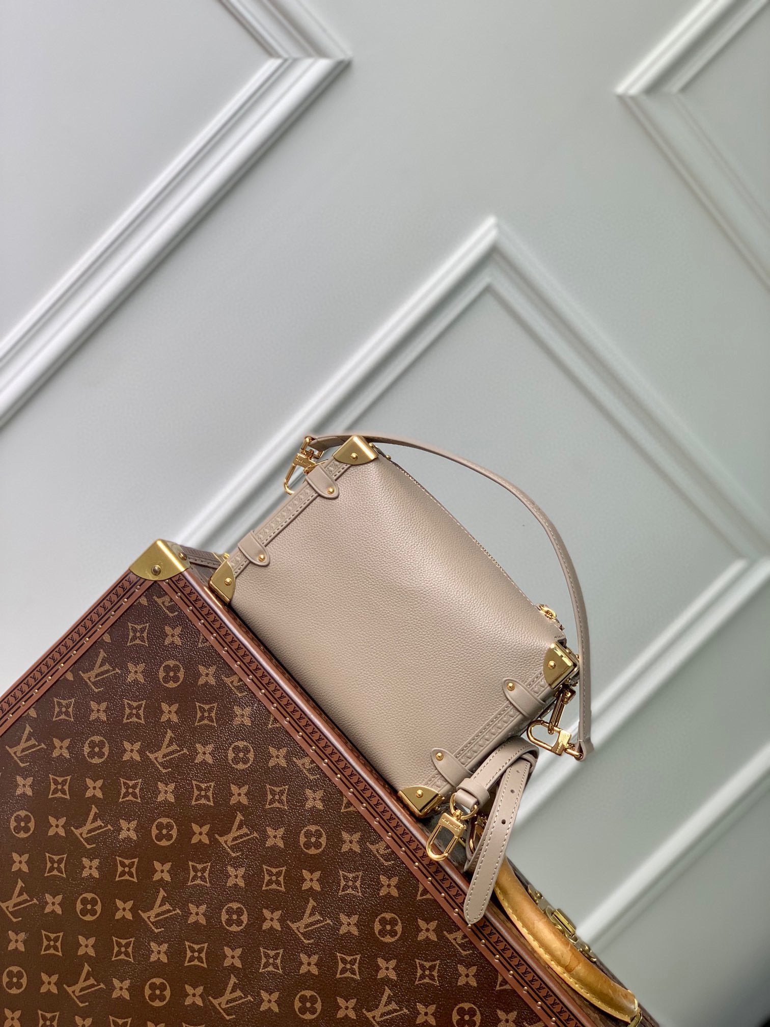 Luxury Beige Leather Trunk-Style Crossbody Bag with Gold Hardware