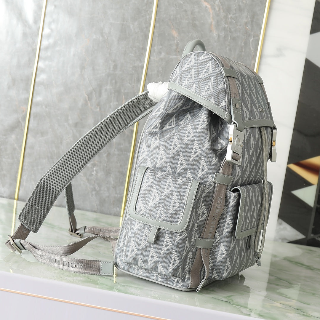 Dior Grey Geometric Pattern Canvas Drawstring Backpack with Buckles