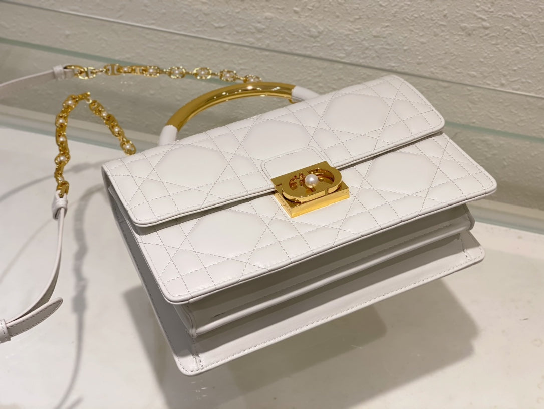 Dior Quilted White Leather Shoulder Bag with Gold Handle and Chain
