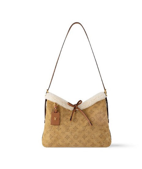 Tan Monogram Faux Fur Trim Shoulder Bag with Bow Accent