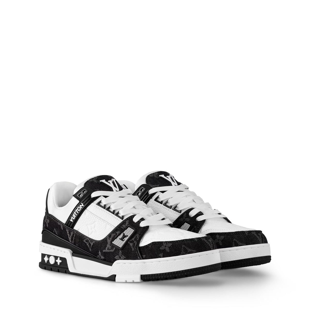 Louis Vuitton LV Trainer Maxi sneaker in black and white monogram denim and leather.