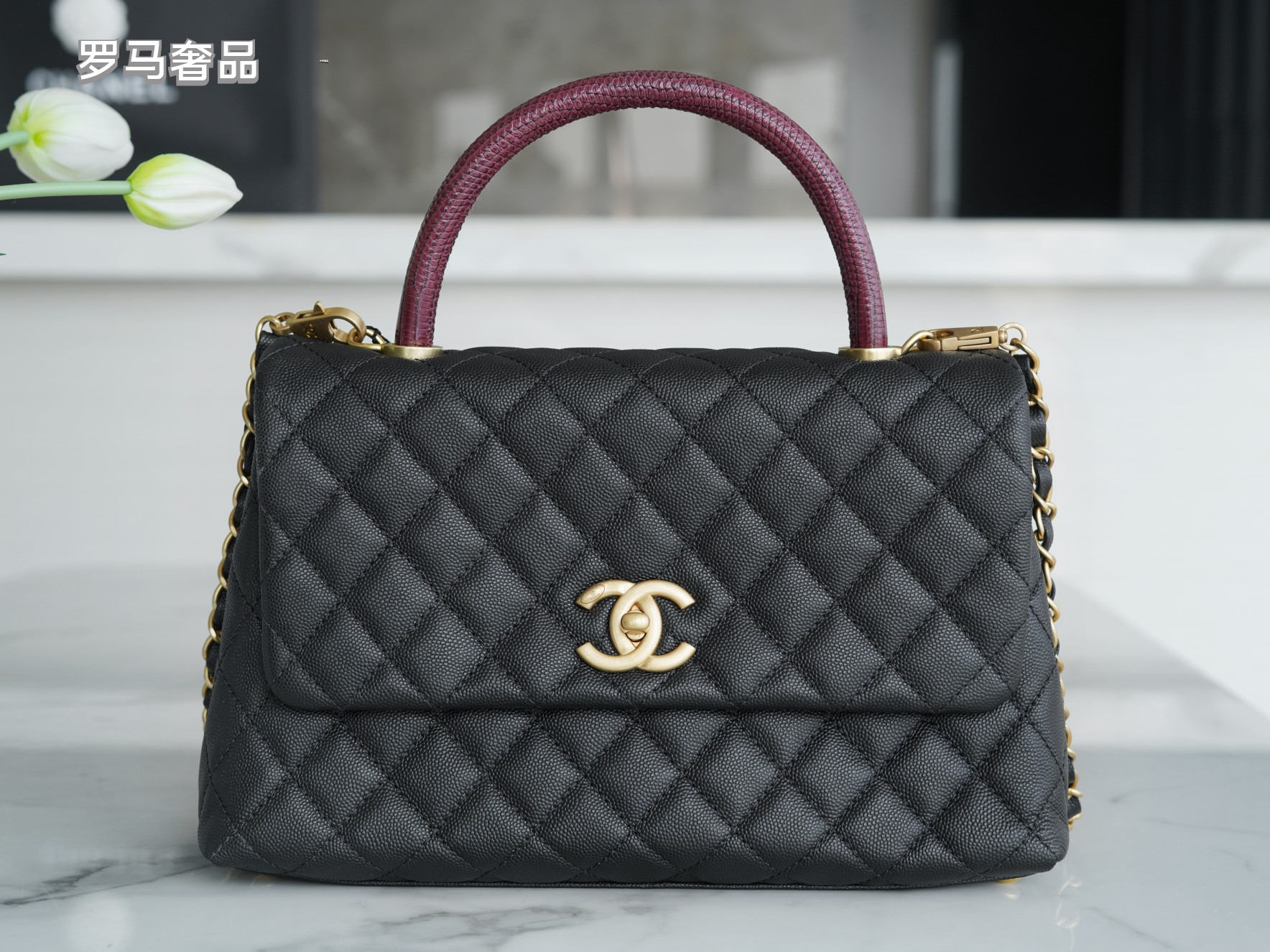 Chanel Medium Coco Handle Bag Black Quilted Caviar Leather Gold Hardware